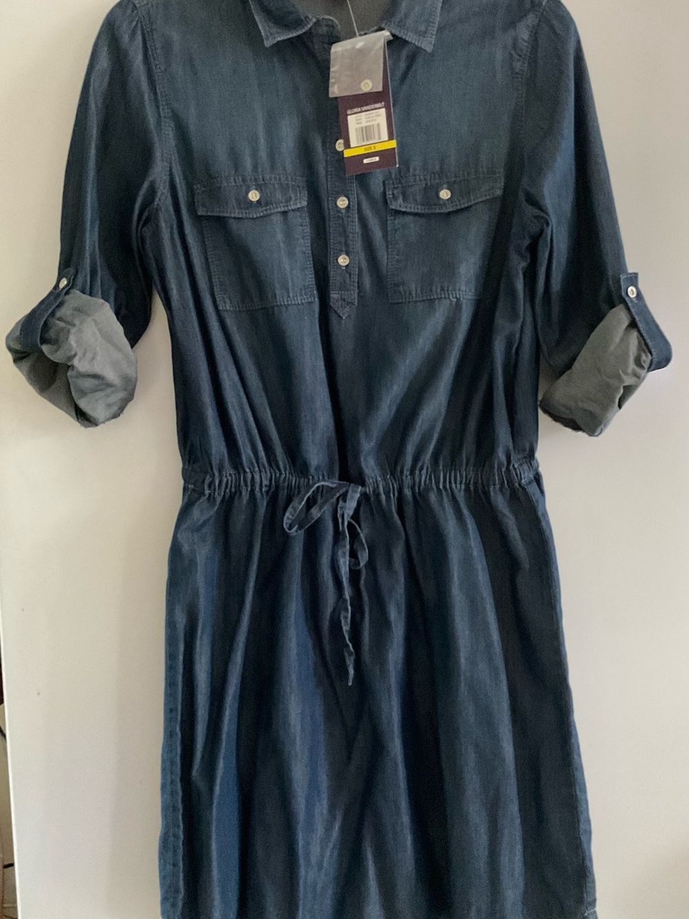 Gloria Vanderbilt Dark Blue Denim Midi Shirt Dress with Drawstring
